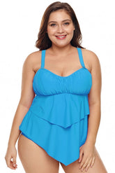 Blue Pleated Detail Plus Size Two Piece Swimsuit